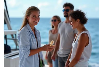 Marine biologist pointing at a marine creature during a discussion